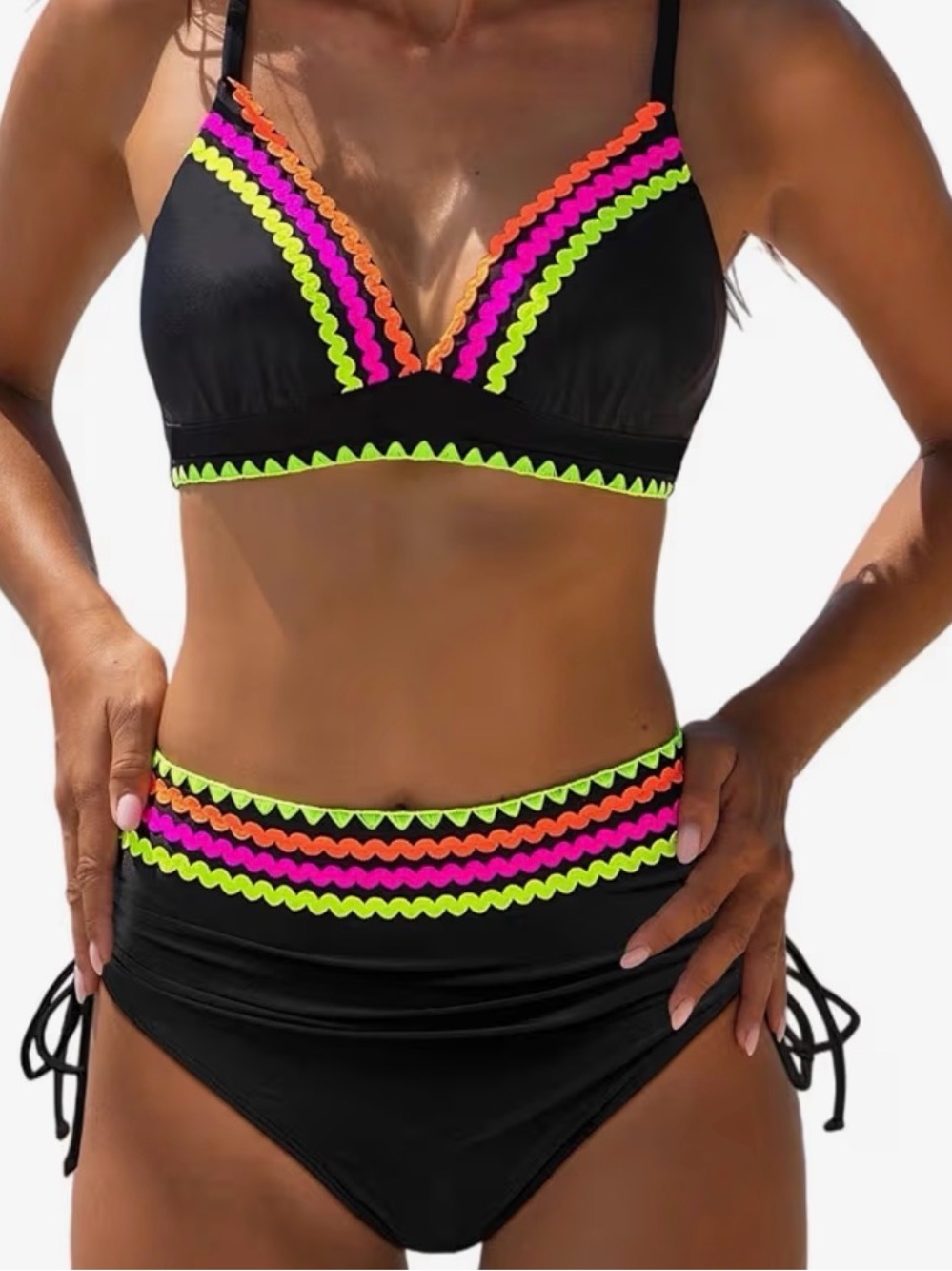 New Popvil Women’s Black High-Waist Bikini Set with Neon Trim Size Large